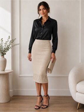 Adrienne Landau Onyx Gold Lurex Knit Midi Pencil Skirt NWT Large